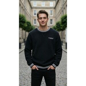 PacSun Black Sherpa Fleece Sweater Medium Striped Trim‎ Crewneck Pullover